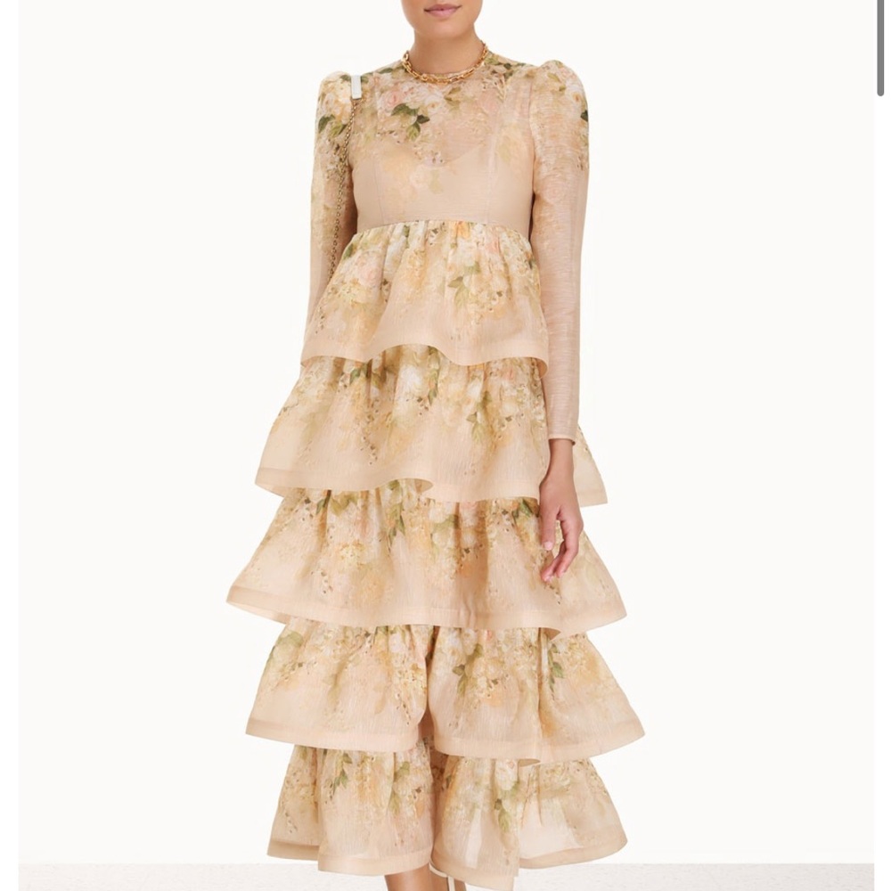 Zimmermann Floral Tiered Dress in Cream and Green